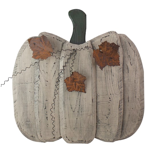 18.5&#x22; Large Beige Wooden Fall Harvest Pumpkin with Leaves &#x26; Stem
